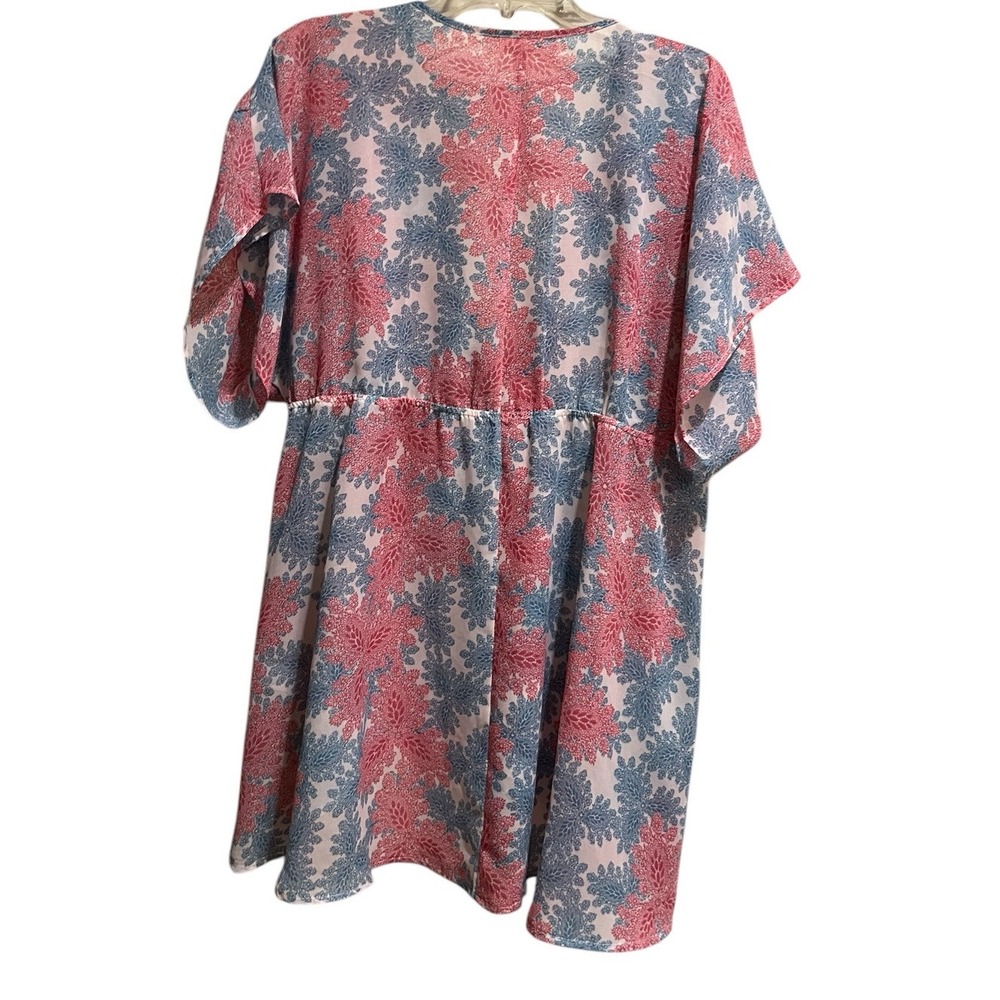 francesca's Women's Kimono M/L Sheer Tie at Waist Pink/Turquoise Short Sleeve - Picture 2 of 3